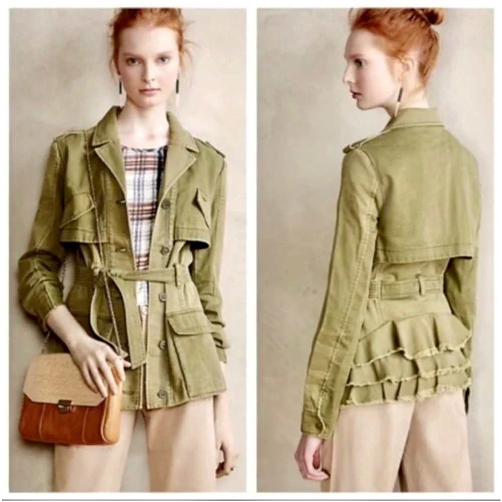 Sz S- Anthropologie Hei Hei‎ Military Style Jacket Utility Belted Ruffle Women's